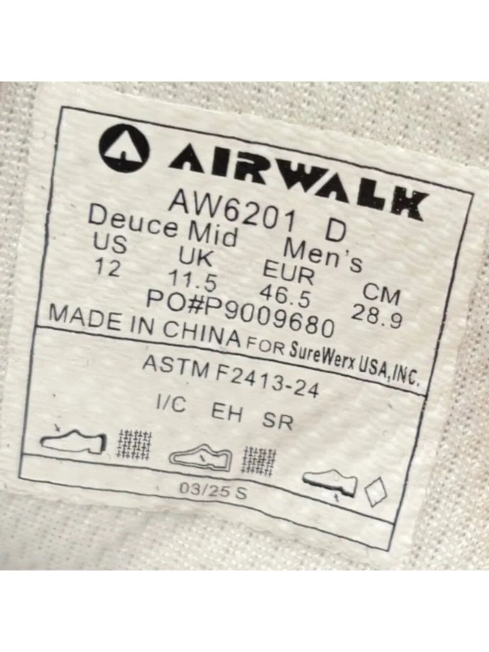 Airwalk Deuce Mid EH SR Mens Size 12 Black White Composite Toe Safety Work Boots